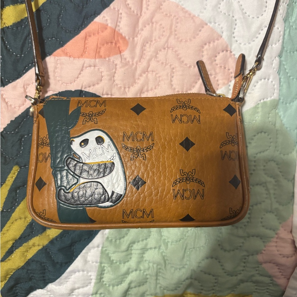 MCM Cognac Visetos Leather Crossbody with Bear Patch and Dark Teal Detail